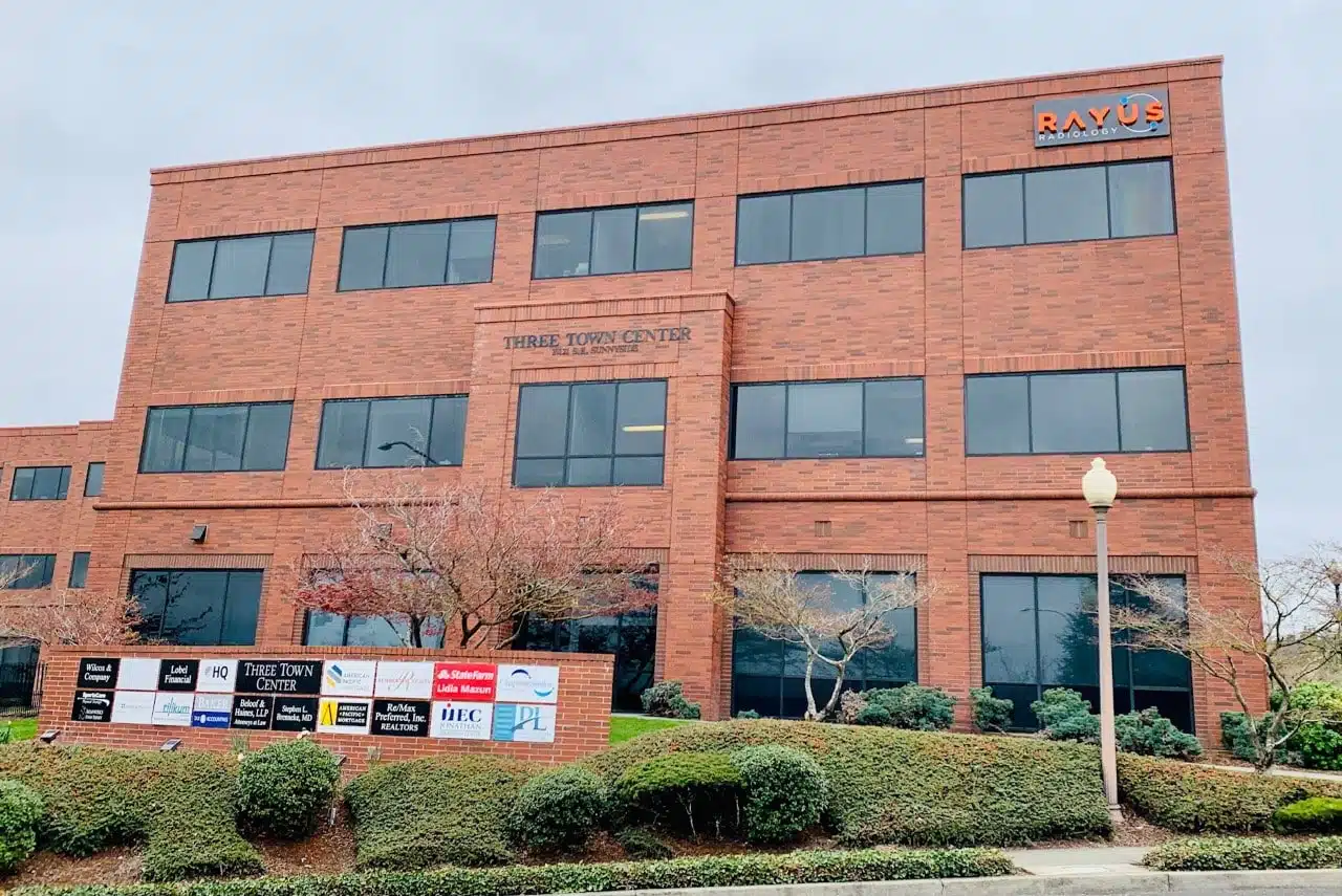 RAYUS Radiology diagnostic imaging center in 10121 SE Sunnyside Rd., Suite 170, Clackamas, OR 97015 brick building